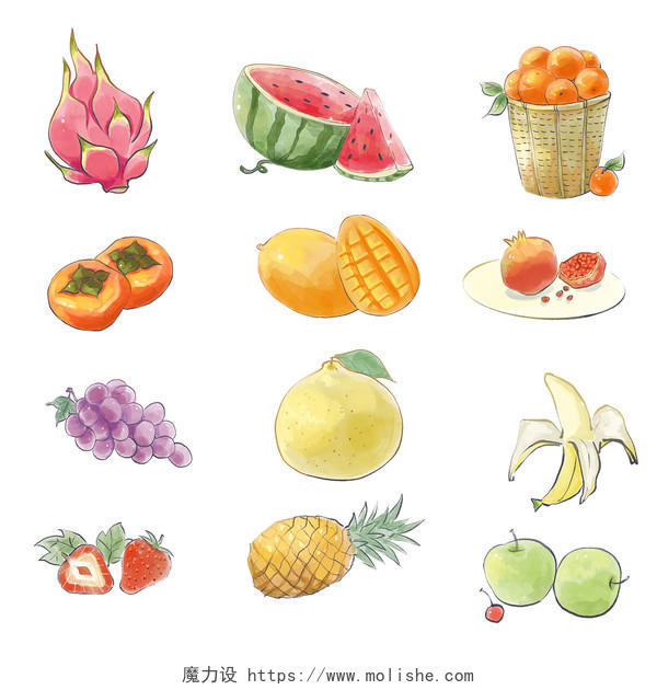 水果元素火龙果西瓜橘子柿子芒果石榴葡萄柚子香蕉草莓菠萝苹果实图水果元素